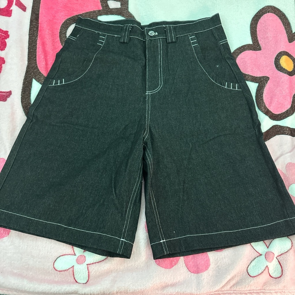 Dark Denim Jorts with White Stitching